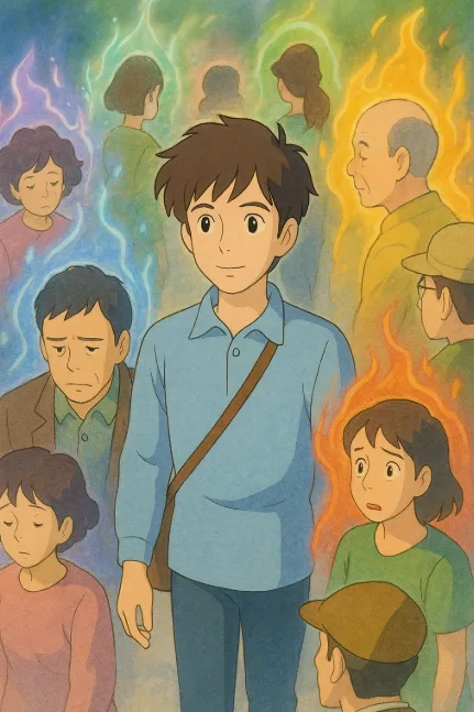 ভিড়ের মাঝে একজন যুবক প্রত্যেকের রঙিন আবেগ অনুভব করছে — Power to Understand People
